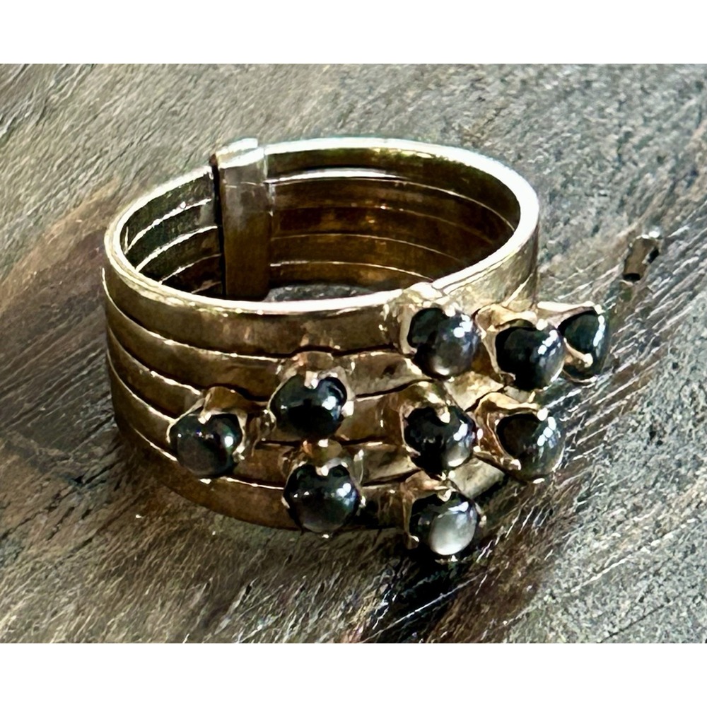 Vintage Tahitian Black Pearl and 14K Five Band Harem Statement Ring